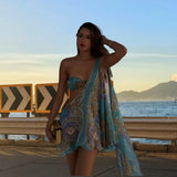 Turquoise One-Shoulder Mini Jurk met Paisley Print