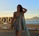 Turquoise One-Shoulder Mini Jurk met Paisley Print.
