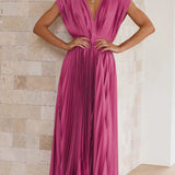 Fuchsia Geplooide Midi Jurk met Diepe V-Hals