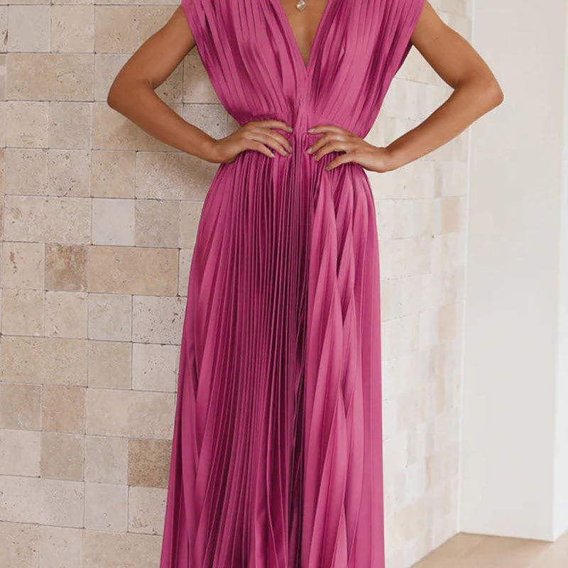 Fuchsia Geplooide Midi Jurk met Diepe V-Hals.