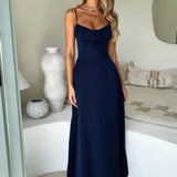 Blauwe Maxi Jurk met Strikdetail en Spaghettibandjes