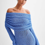 Blauwe Gebreide Mini Jurk met Off-Shoulder Halslijn
