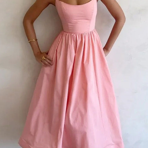 Roze Midi Jurk met Smalle Bandjes en Uitlopende Rok.