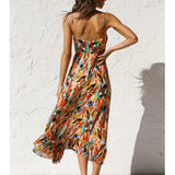 Oranje Midi Jurk met Abstracte Print en V-Hals