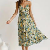 Blauwe Midi Jurk met Abstracte Print en V-Hals
