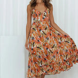 Oranje Midi Jurk met Abstracte Print en V-Hals
