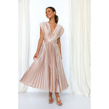 Roze Geplooide Maxi Jurk met V-Hals