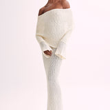Witte Gehaakte Maxi Jurk met Off-Shoulder Halslijn