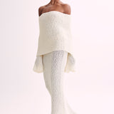Witte Gehaakte Maxi Jurk met Off-Shoulder Halslijn