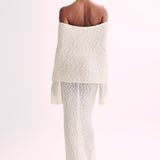 Witte Gehaakte Maxi Jurk met Off-Shoulder Halslijn