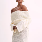Witte Gehaakte Maxi Jurk met Off-Shoulder Halslijn