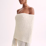 Witte Gehaakte Maxi Jurk met Off-Shoulder Halslijn