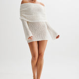 Witte Gebreide Mini Jurk met Off-Shoulder Halslijn