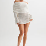 Witte Gebreide Mini Jurk met Off-Shoulder Halslijn
