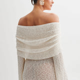 Witte Gebreide Mini Jurk met Off-Shoulder Halslijn