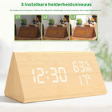 Driehoekige Houten LED Wekker met Temperatuurweergave