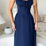 Blauwe Maxi Jurk met Strikdetail en Spaghettibandjes