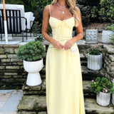 Gele Maxi Jurk met Strikdetail en Spaghettibandjes