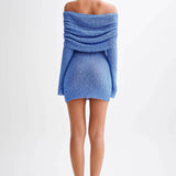 Blauwe Gebreide Mini Jurk met Off-Shoulder Halslijn