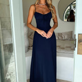 Blauwe Maxi Jurk met Strikdetail en Spaghettibandjes