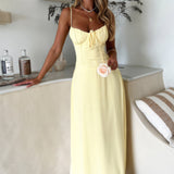 Gele Maxi Jurk met Strikdetail en Spaghettibandjes