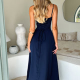 Blauwe Maxi Jurk met Strikdetail en Spaghettibandjes