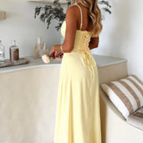 Gele Maxi Jurk met Strikdetail en Spaghettibandjes