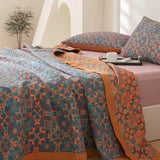 Blauw-Oranje Bedsprei met Geometrisch Bloemenpatroon