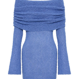 Blauwe Gebreide Mini Jurk met Off-Shoulder Halslijn