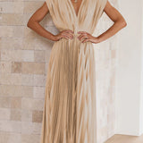 Beige Geplooide Midi Jurk met Diepe V-Hals