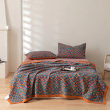 Blauw-Oranje Bedsprei met Geometrisch Bloemenpatroon