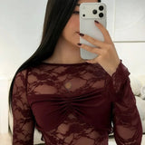 Bordeaux Mini Jurk met Kant en Open Rug