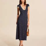 Marineblauwe Midi Jurk met Stippenprint en Kanten Halslijn