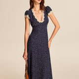 Marineblauwe Midi Jurk met Stippenprint en Kanten Halslijn