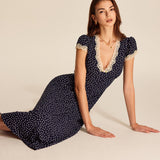 Marineblauwe Midi Jurk met Stippenprint en Kanten Halslijn