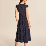 Marineblauwe Midi Jurk met Stippenprint en Kanten Halslijn