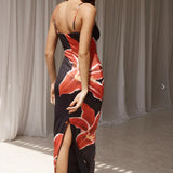 Zwarte Maxi Jurk met Rode Bloemenprint