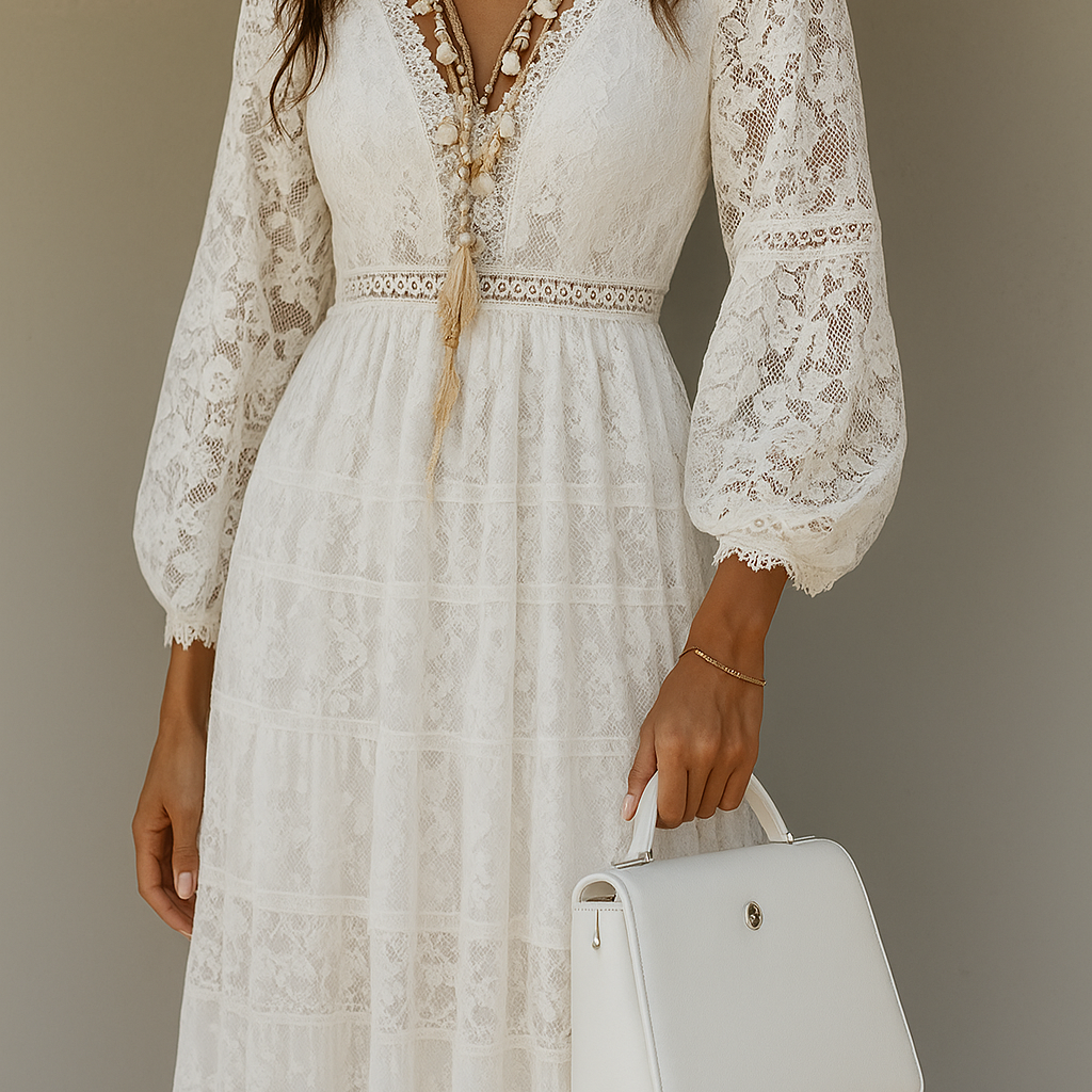 Witte Kant Maxi Jurk met V-Hals.