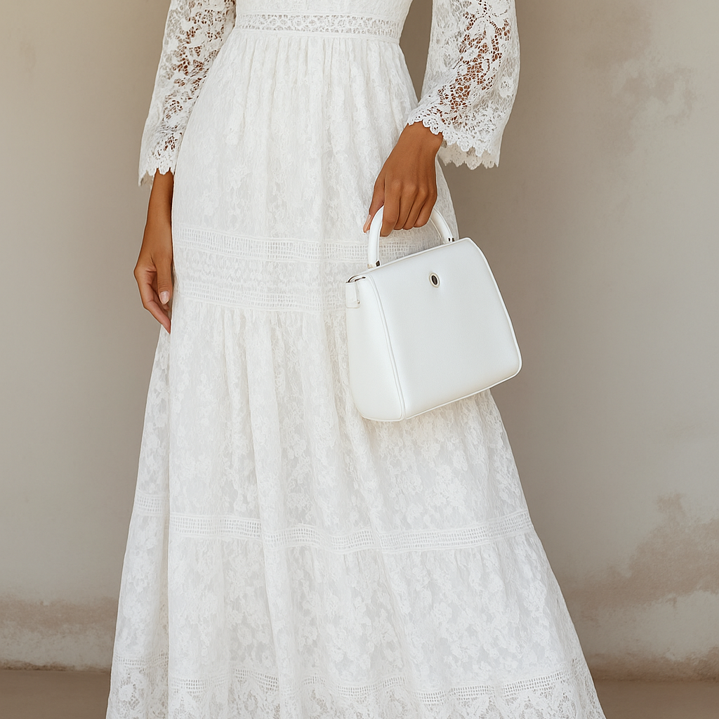 Witte Kant Maxi Jurk met V-Hals.