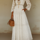 Witte Kant Maxi Jurk met V-Hals