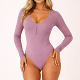 Ribstof Bodysuit met Lange Mouwen en Rits