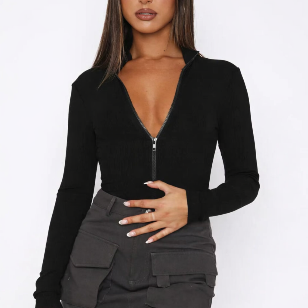Ribstof Bodysuit met Lange Mouwen en Rits