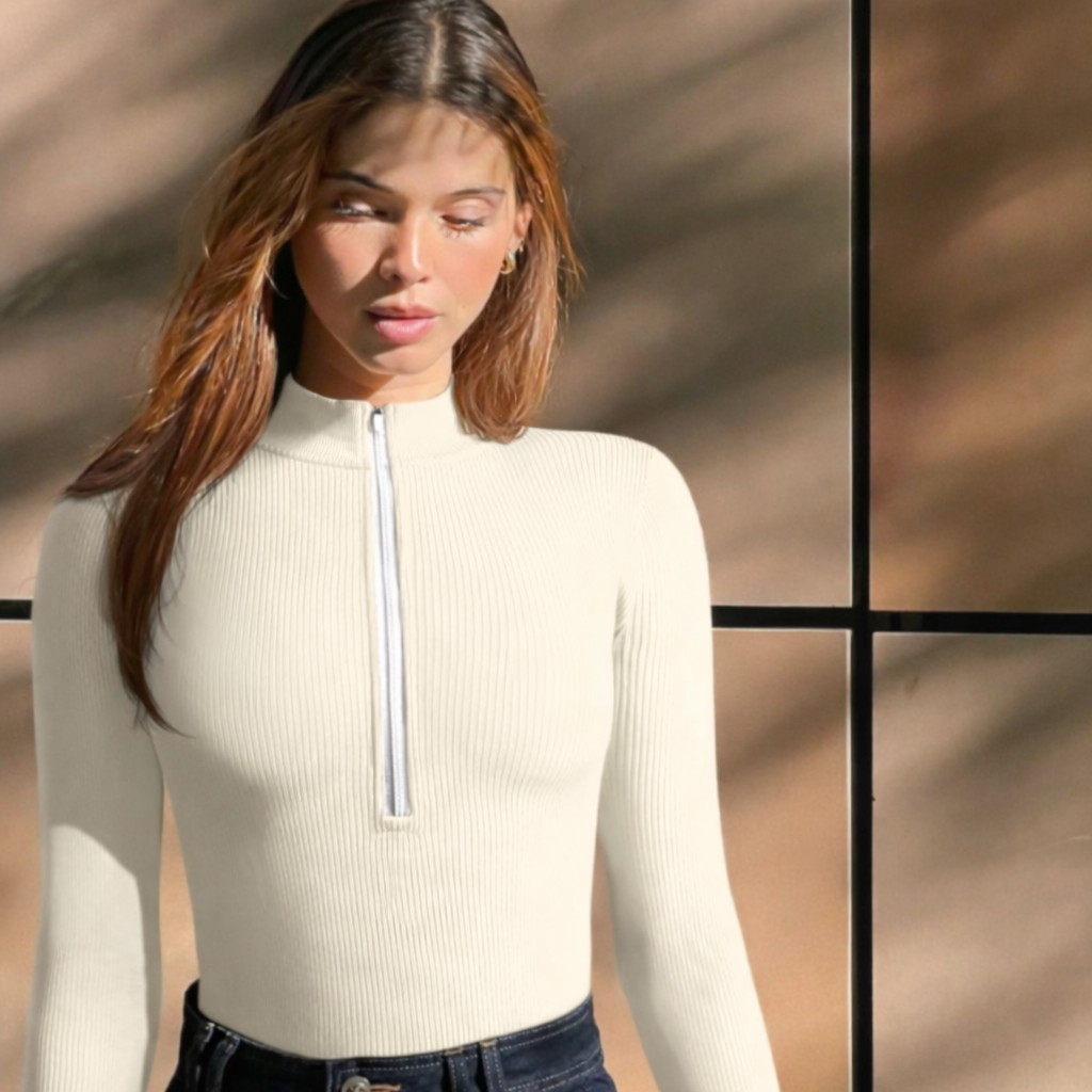 Ribstof Bodysuit met Lange Mouwen en Rits