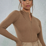 Ribstof Bodysuit met Lange Mouwen en Rits