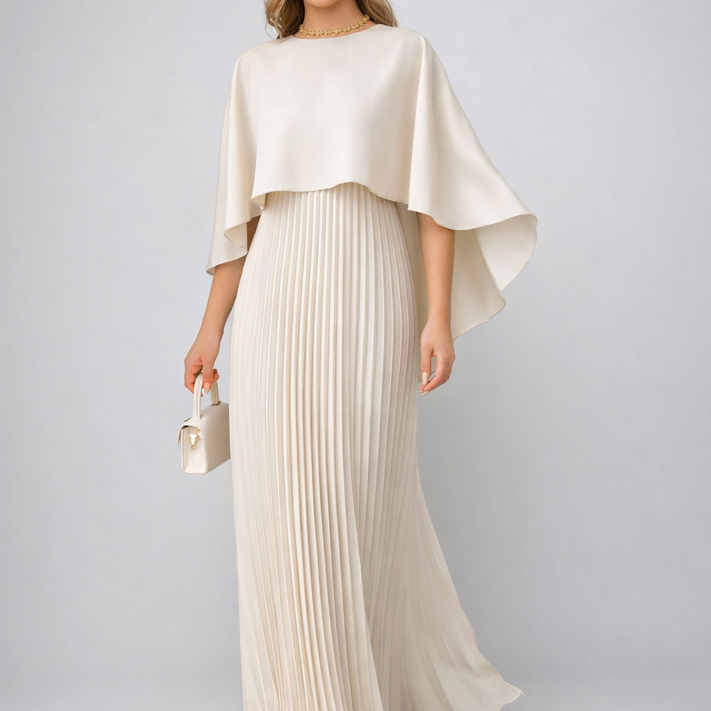 Crèmekleurige Geplooide Maxi Jurk met Cape.