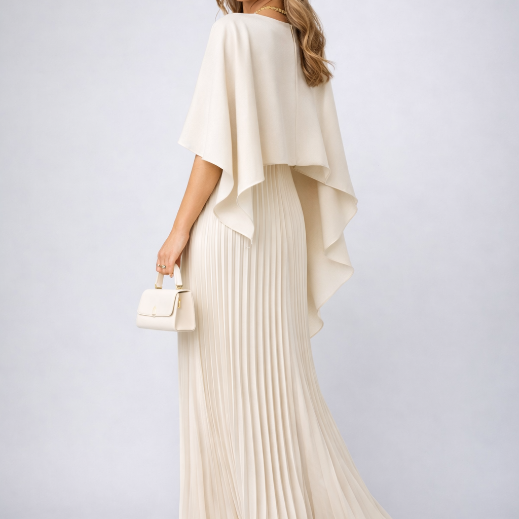 Crèmekleurige Geplooide Maxi Jurk met Cape.
