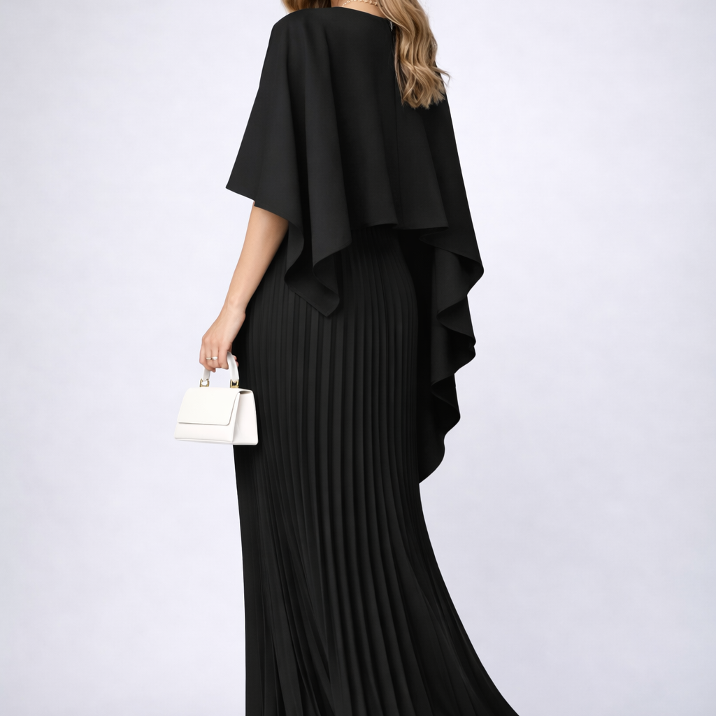 Zwarte Geplooide Maxi Jurk met Cape.