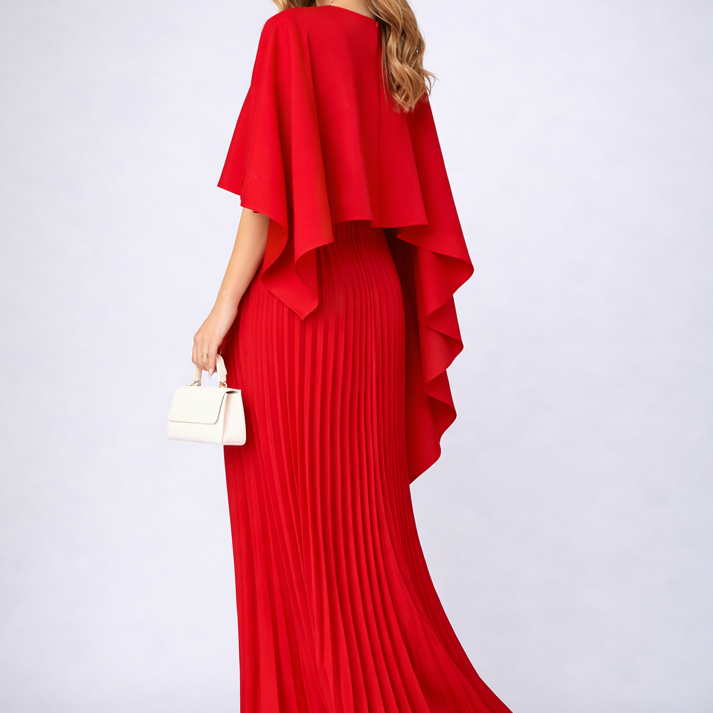 Rode Geplooide Maxi Jurk met Cape.