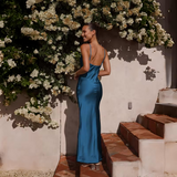 Blauwe Maxi Jurk met Watervalhals