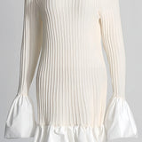 Witte Gebreide Mini Jurk met Volant Zoom